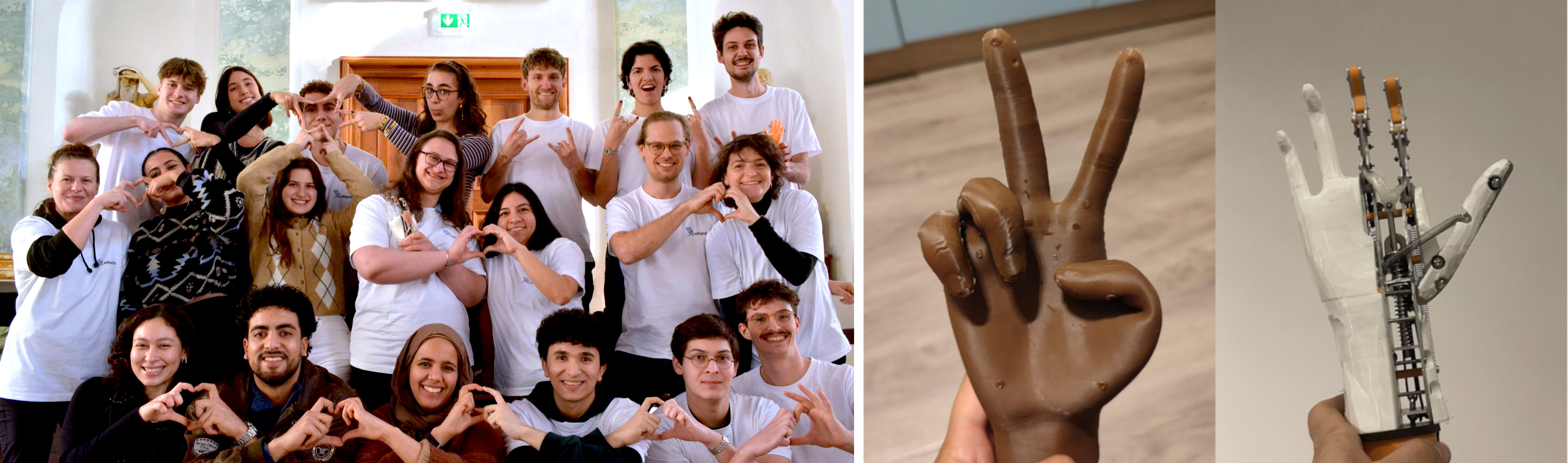 The EnHands team making heart signs with their hands, next to a cosmetic prosthetic hand and a mechanical functional hand prototype